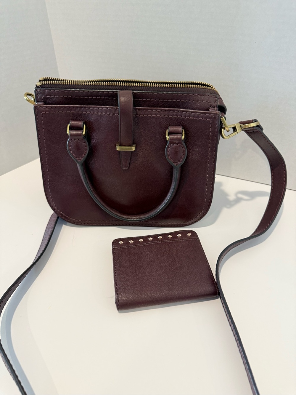 Fossil Mini Ryder Satchel, Fig Burgundy with wallet